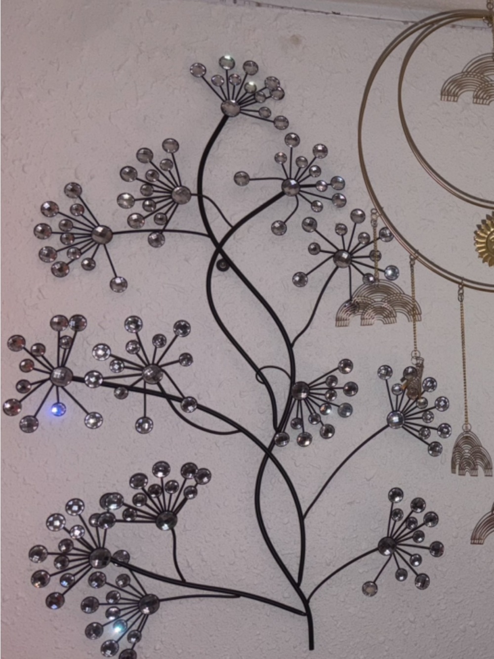 Black Metal Floral Wall Art with Silver Crystal Accents